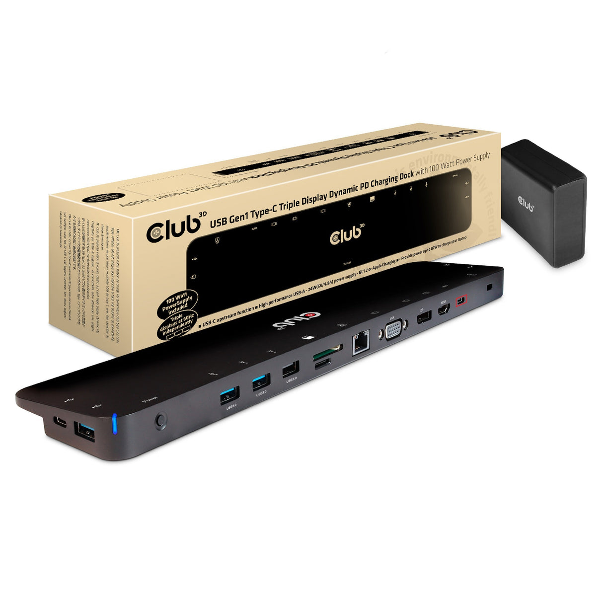 Club 3D USB-C 3.2 Gen1 Triple Display Dynamisk PD opladningsdockingstation 100W dockingstation (sort)