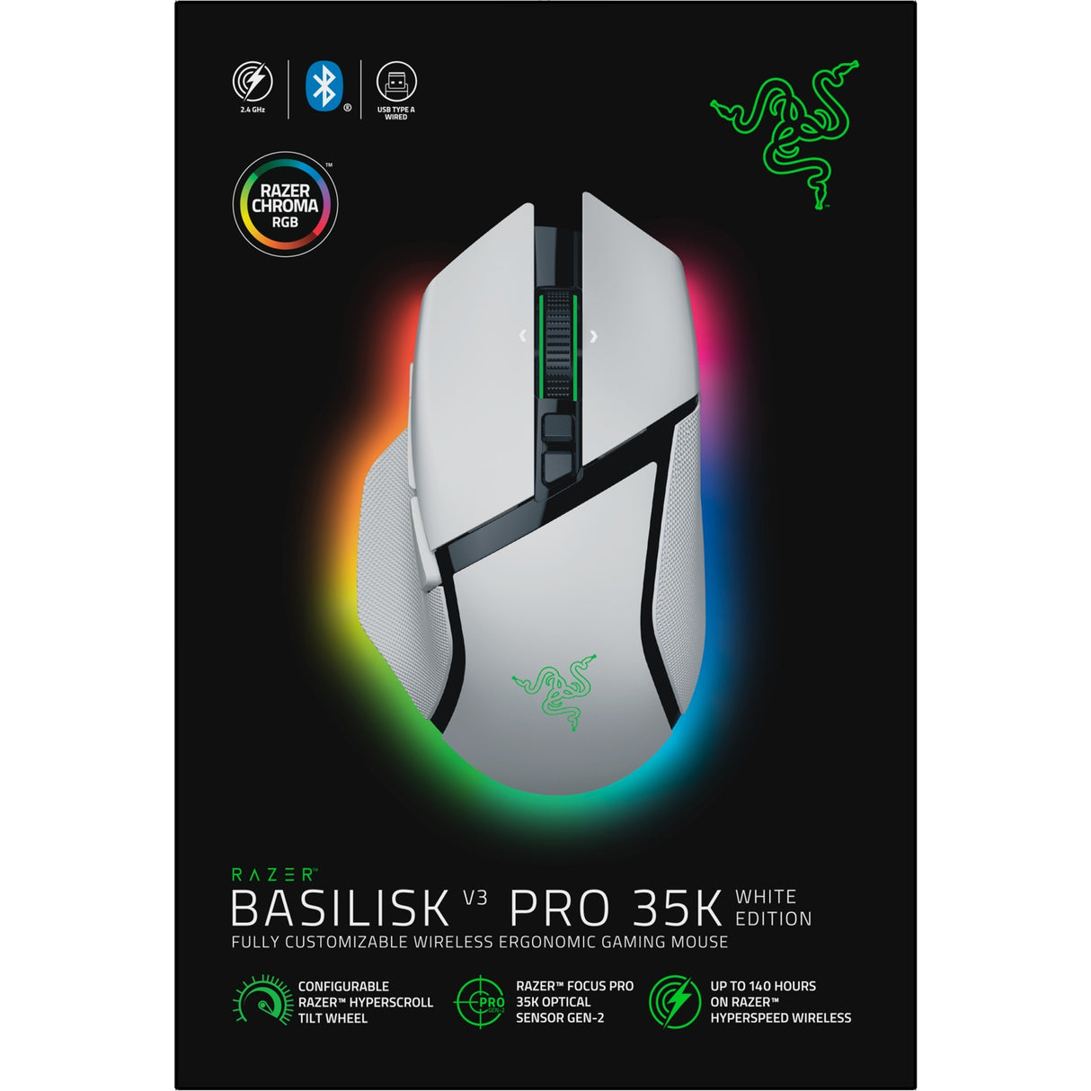 Razer basilisk v3 pro gaming mus (hvid, USB Bluetooth hyperspeed trådløs, 30.000 dpi, chroma RGB)