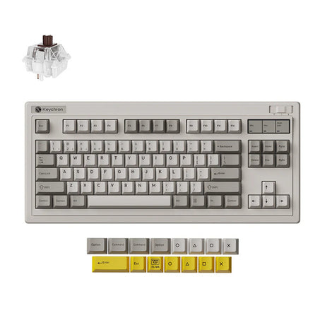 Keychron r3-m3 qmk trådløst mekanisk tastatur (grå, us-layout (qwerty), super brun, 80% (tkl), rgb, cherry pbt, hot swap, 2,4 ghz bluetooth 5,3 usb-c)