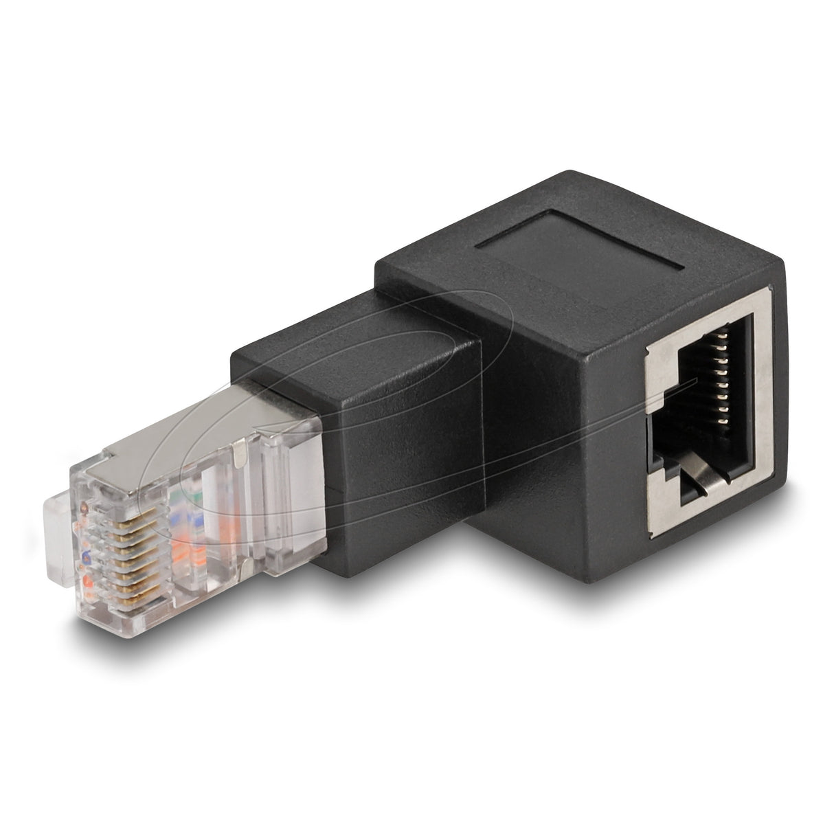 Delock rj45 stik til rj45 jack adapter kat.6a 90° nedad vinklet (sort)