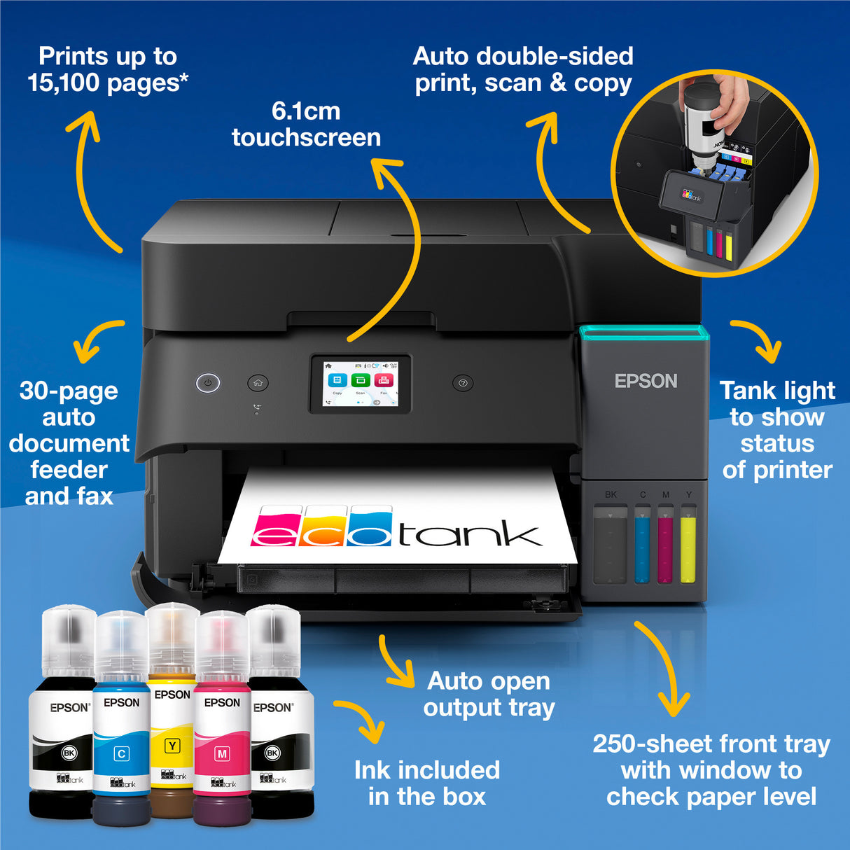 Epson ecotank et-4950 alt-i-en inkjetprinter (sort, fax, scanning, kopi, WiFi, inklusive op til 3 års blæk)