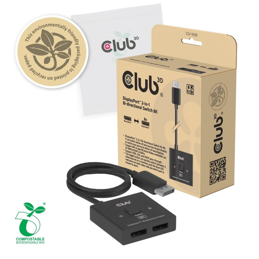 Club 3d displayport 2-in-1 bidirectionele 8k switch displayport switch (zwart)
