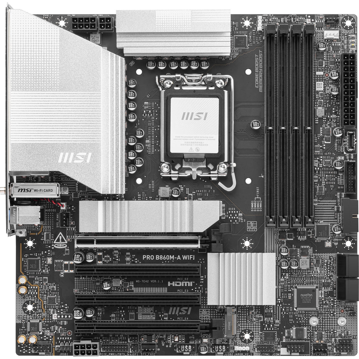 MSI Pro B860M-A WiFi Socket 1851 bundkort (sølv, RAID, 5GB-LAN, WiFi 7, BT, lyd, µATX)