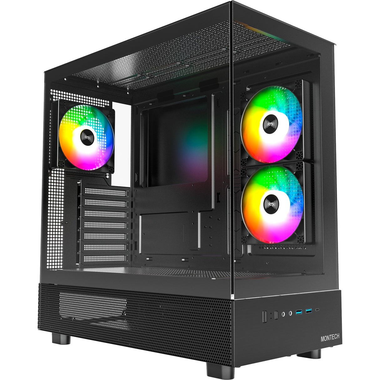Montech xr midi tårnhus (sort | 2x USB-A | 1x USB-C | RGB | hærdet glas)