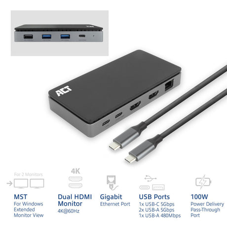 Act tilslutning USB-C 4K MST dockingstation (sort grå)