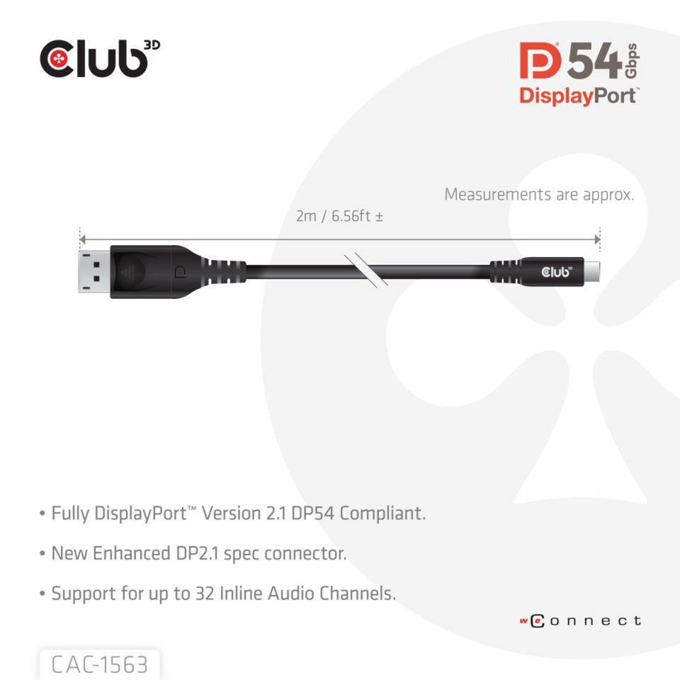 Club 3D USB-C til DisplayPort 2.1 DP54 tovejskabel, 8K120Hz 2m (sort)