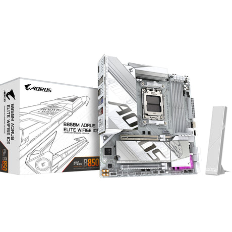 Gigabyte B850M Aorus Elite WiFi6E Ice Socket AM5 bundkort (sølv hvid, RAID, 2,5 GB-LAN, WiFi 6E, BT, lyd, µATX)