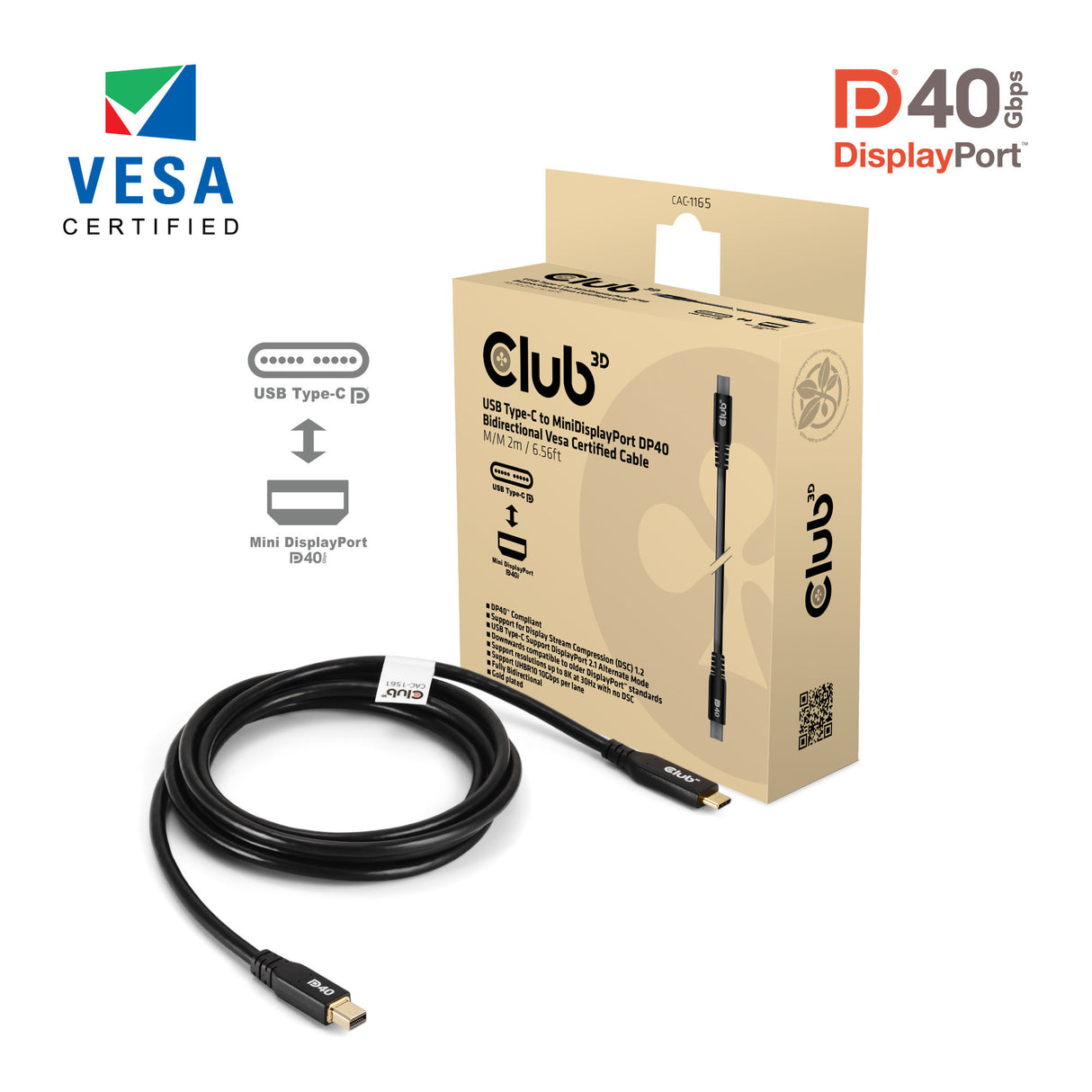 Club 3D USB-C til Mini DisplayPort DP40 tovejsadapter (sort, 2 meter, Vesa-certificeret)
