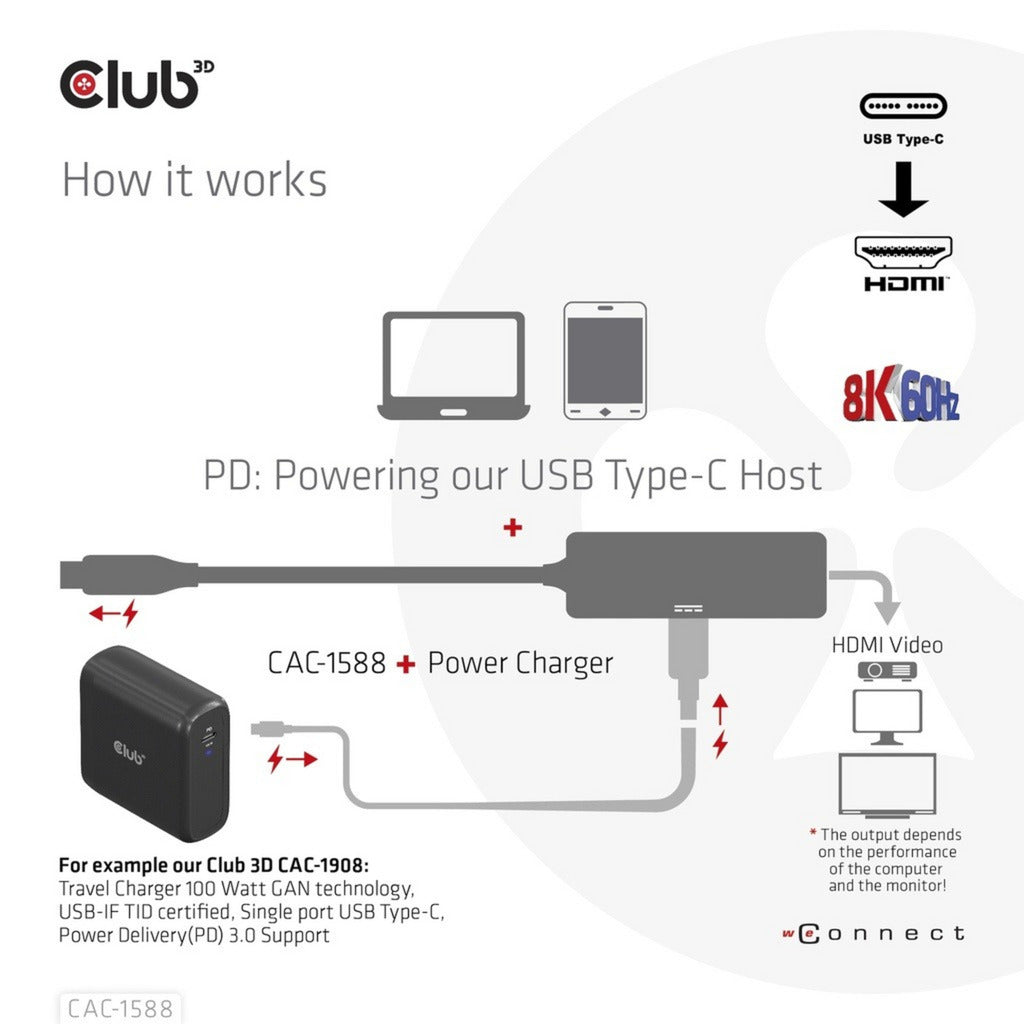 Club 3d usb-c naar hdmi 2.1+ pd 3.0 100 watt adapter (zwart)