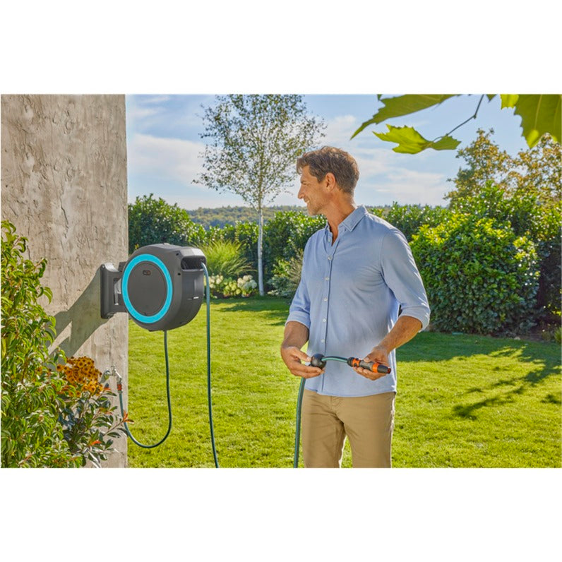 Gardena 40 m vægslangeboks powerroll xxl slangetromle (grå turkis, 40 meter, batteri og oplader medfølger ikke, strøm til alliance, )
