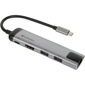 Verbatim USB 3.2 gen 1 multiport-hub, USB-C > 2x USB-A + USB-C + HDMI + RJ-45 USB-hub (sølvsort, PD, opladning op til 100 watt)