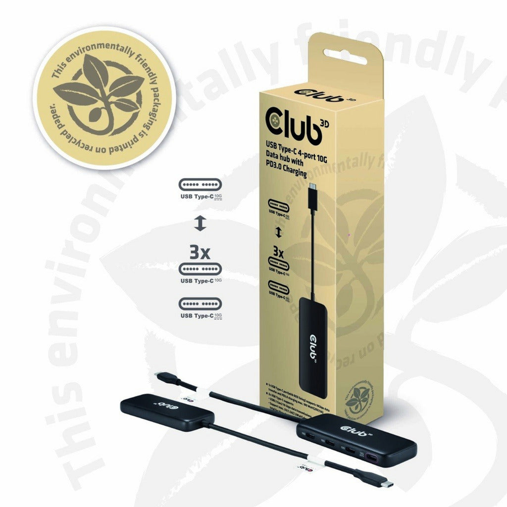 Club 3D USB-C 4-ports 10G datahub med PD3.0 USB-hub (sort)