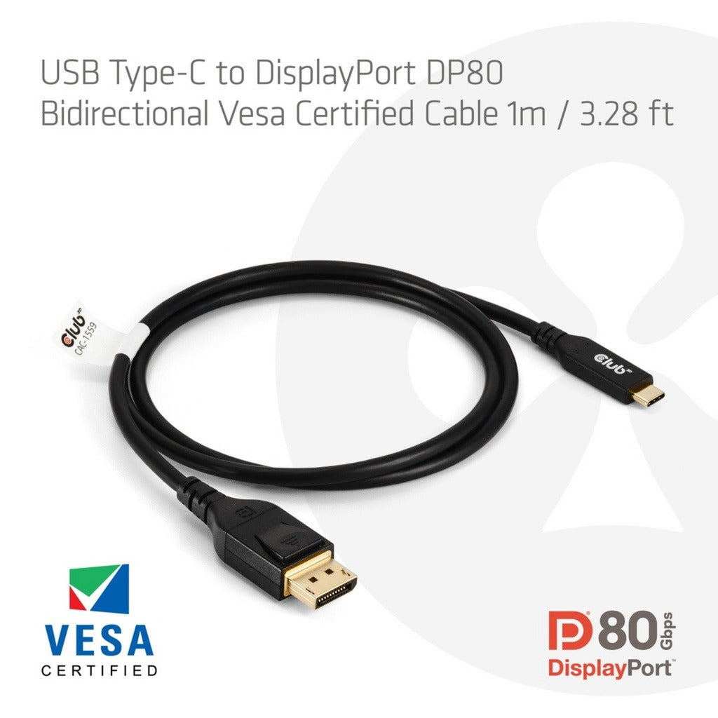 Club 3D USB-C til DisplayPort DP80 tovejsadapter (sort, 1 meter, VESA-certificeret)