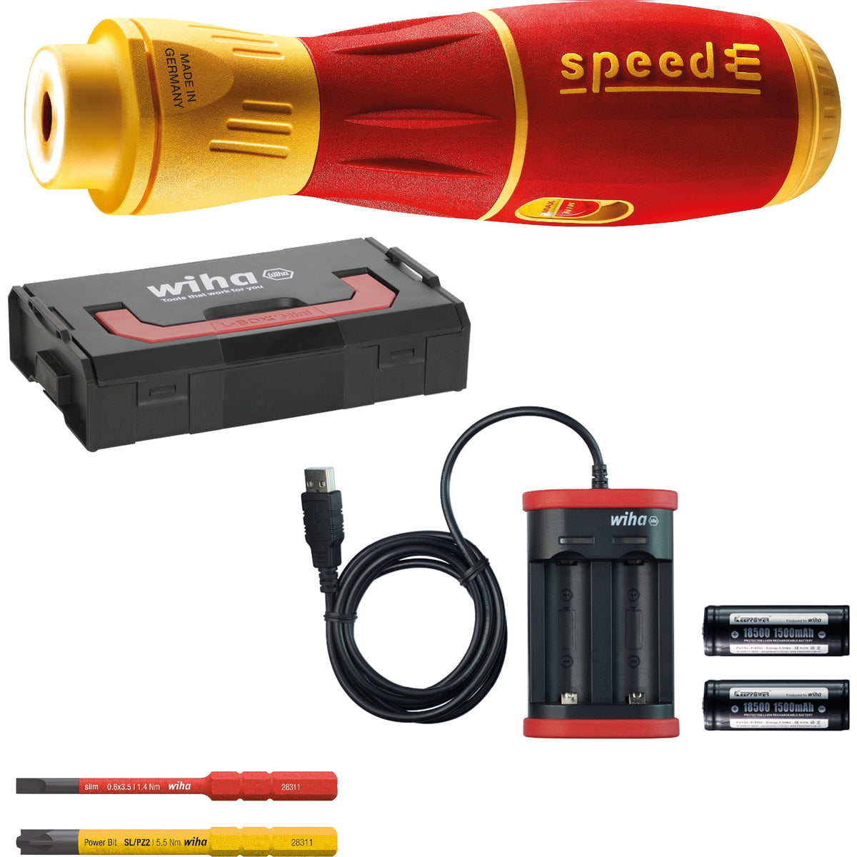 Wiha 44318 | e-skruetrækker speede® ii elektrisk | 7 stk | med slimbits | 2x 1,6ah batteri og USB oplader i l-boxx mini - 44318