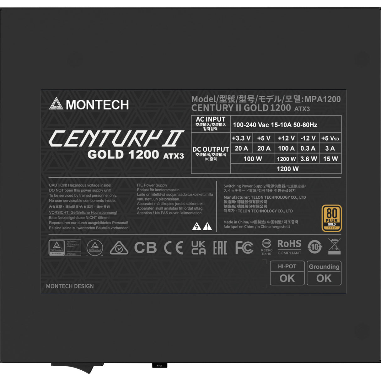 Montech Century ii modulær 1200 watt strømforsyning (sølv, 1x 12v-2x6, 6x pcie)