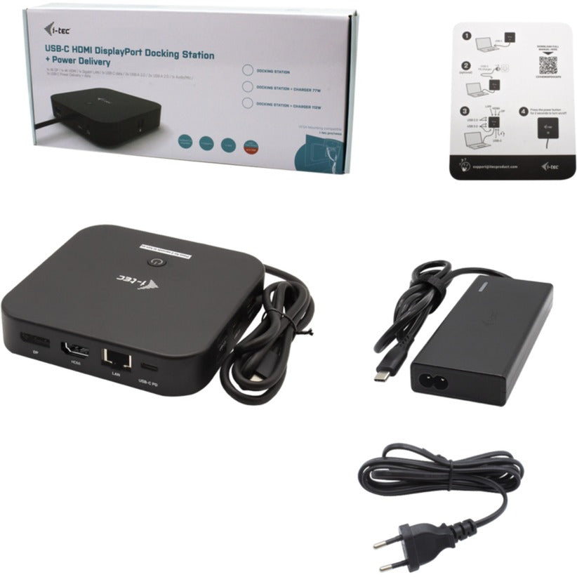 I-tec USB-C HDMI DP-dockingstation med strømforsyning 65W + universaloplader 77 W (sort)