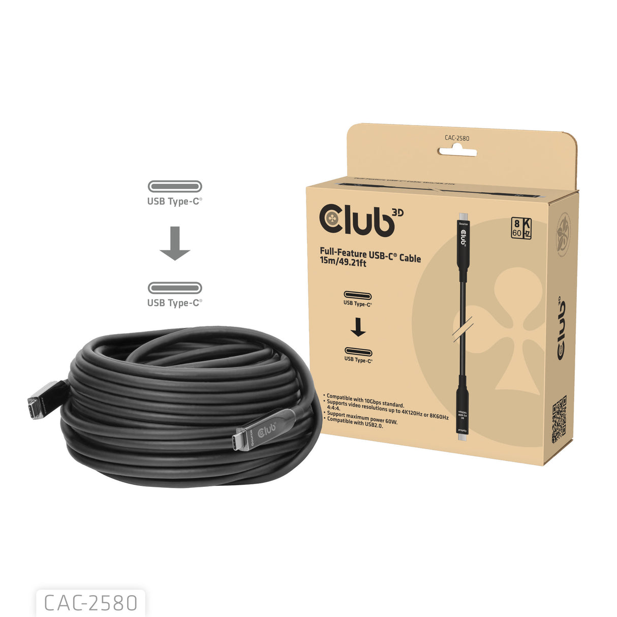 Club 3D fuldfunktions USB-C-kabel, 15m (sort, 8k60hz 10gbps 60w)