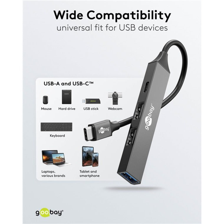 Goobay slim USB-hub med 4 porte, USB-C til USB-C USB-A, 5 Gbit s (lysegrå)