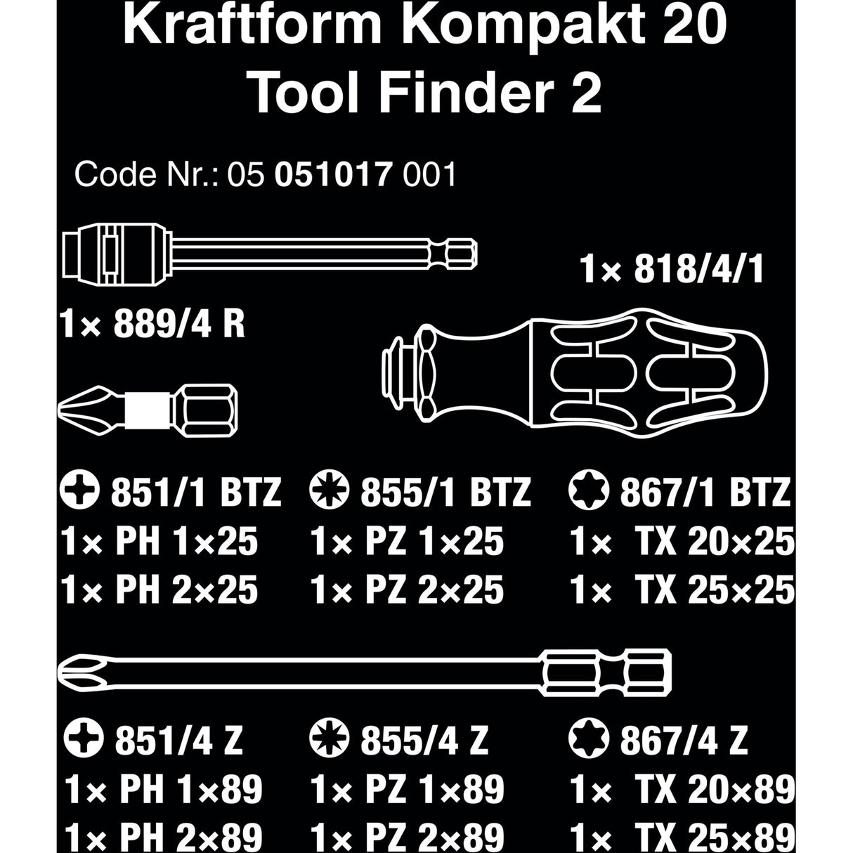 Wera kraftform kompakt 20 værktøjssøger 2 med kuffertbitsæt (sort grøn, 13-delt)