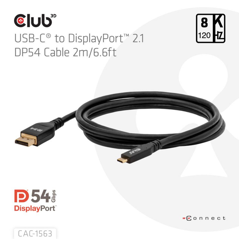 Club 3D USB-C til DisplayPort 2.1 DP54 tovejskabel, 8K120Hz 2m (sort)