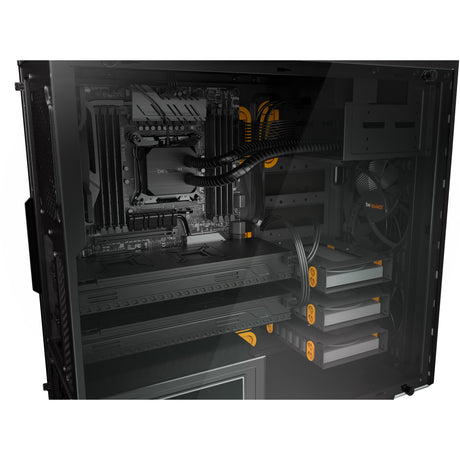 Vær stille! pure base 600 vindue midi tårnhus (sort orange | 2x USB-A | hærdet glas)
