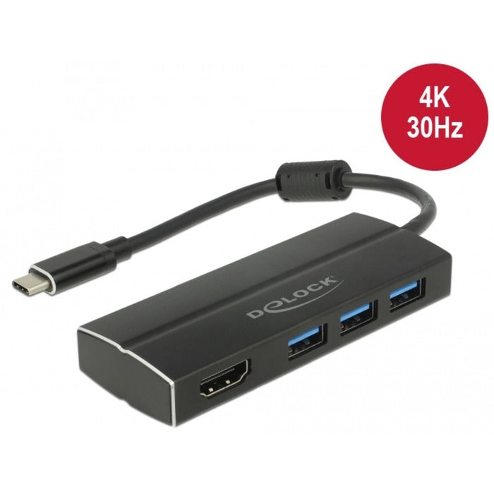 Delock USB-C 3.1 > 3x USB-A 3.0-hub + HDMI USB-hub (sort, 0,15 meter, 4k)