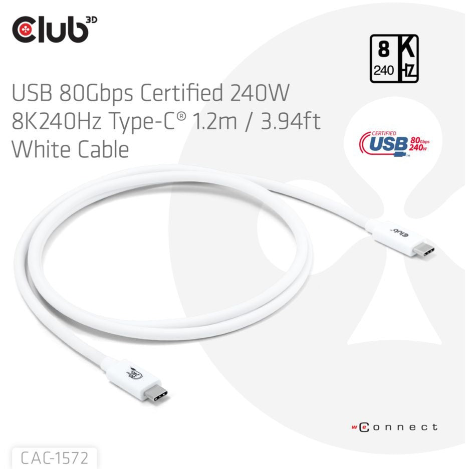 Club 3D USB-C 80 Gbps certificeret 240W 8K 240Hz kabel (hvid, 1,2m)