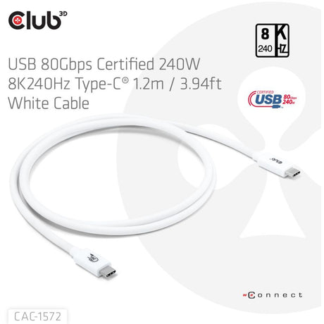 Club 3D USB-C 80 Gbps certificeret 240W 8K 240Hz kabel (hvid, 1,2m)