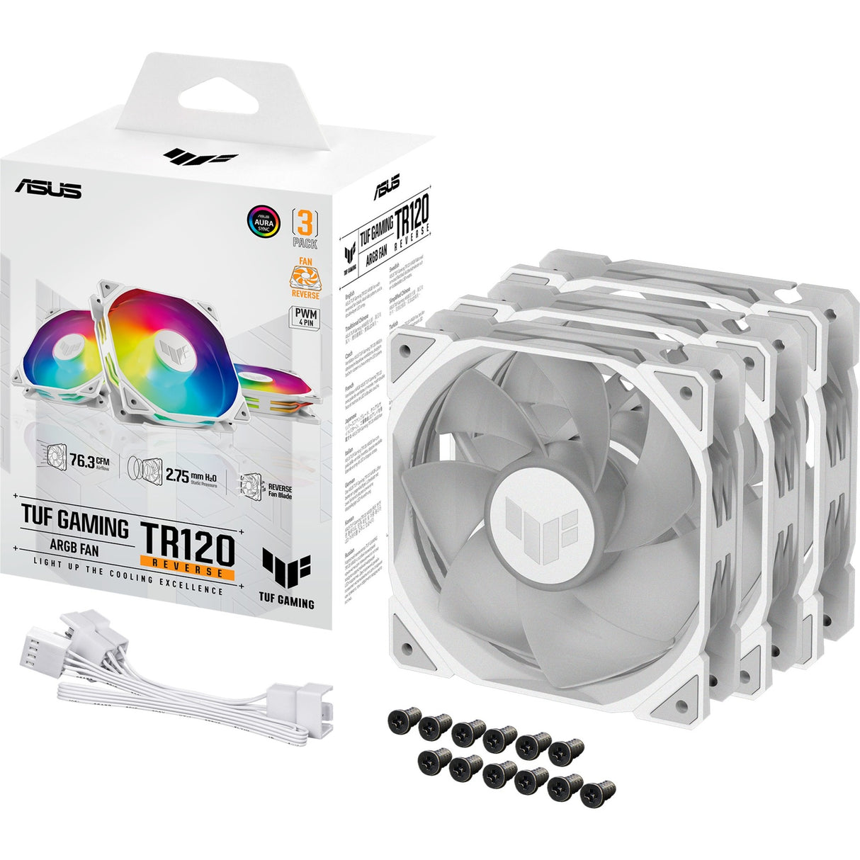 Asus tuf gaming tr120 argb reverse case fans (hvide, 3 stykker, 120 x 120 x 28 mm)