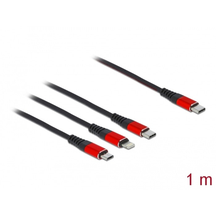 Delock USB-opladningskabel 3-i-1 USB-C til Lightning + Micro USB + USB-C (sort rød, 1 meter)