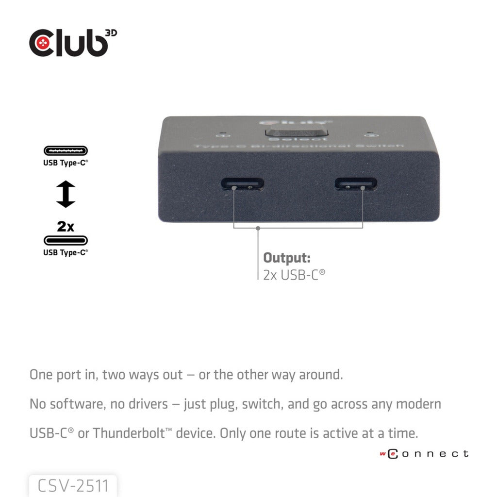 Club 3D USB-C tovejs video + data + PD switch USB switch (sort)