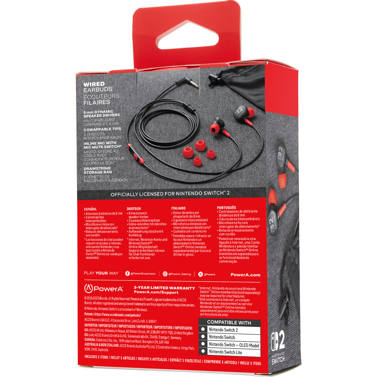 Powera-øretelefoner med ledning til Nintendo Switch 2 in-ear (sort rød, Nintendo Switch 2, Nintendo Switch, Nintendo Switch - OLED-model, Nintendo Switch Lite)