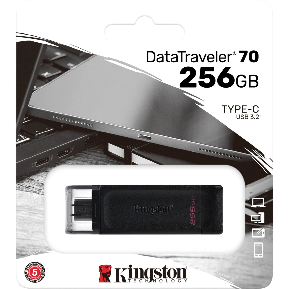 Kingston Data Traveler 70 256 GB USB-stick (sort, DT70 256 GB, USB-C 3.2 gen 1)