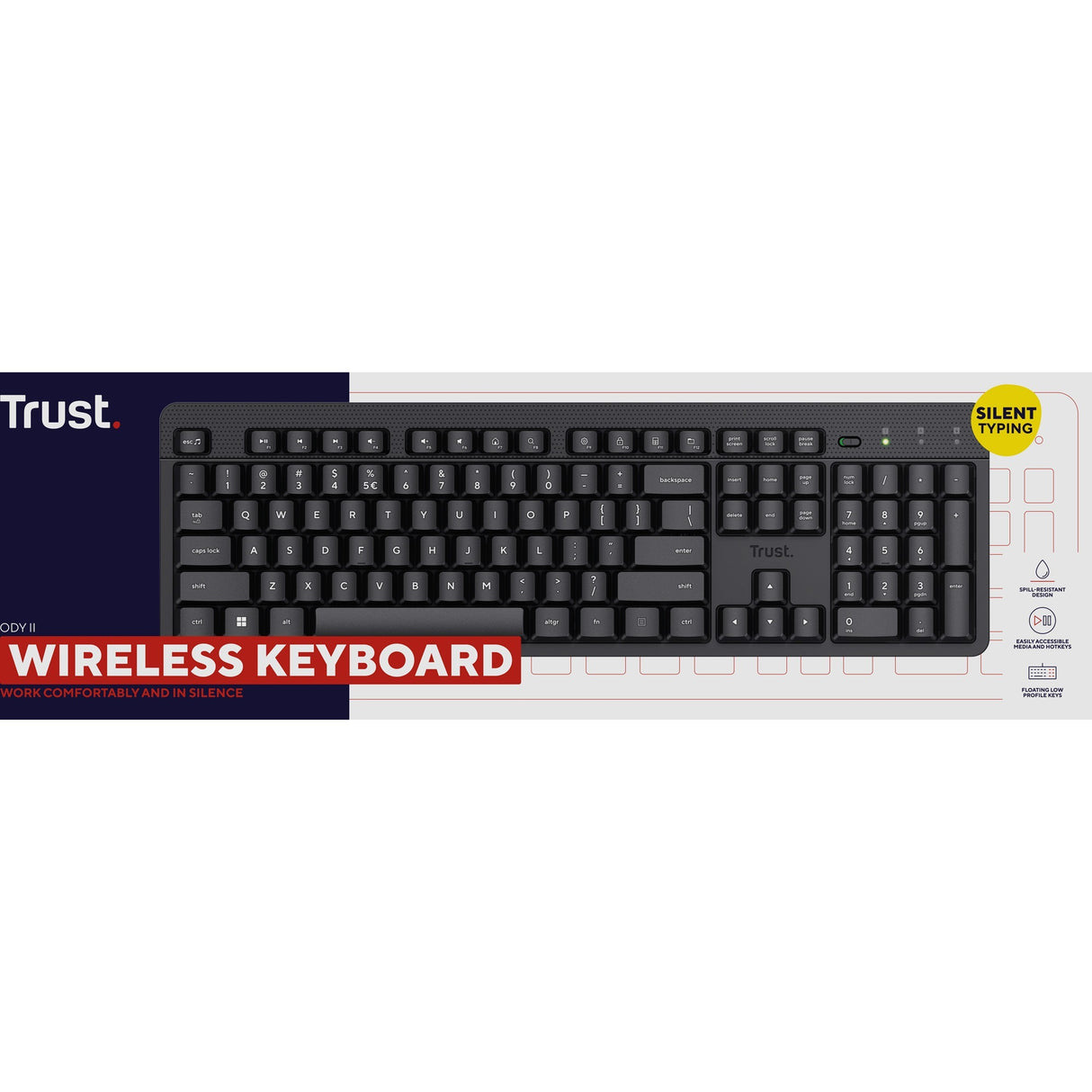 Trust Ody II trådløst tastatur (sort, EU-layout (QWERTY), membran, lydløst)
