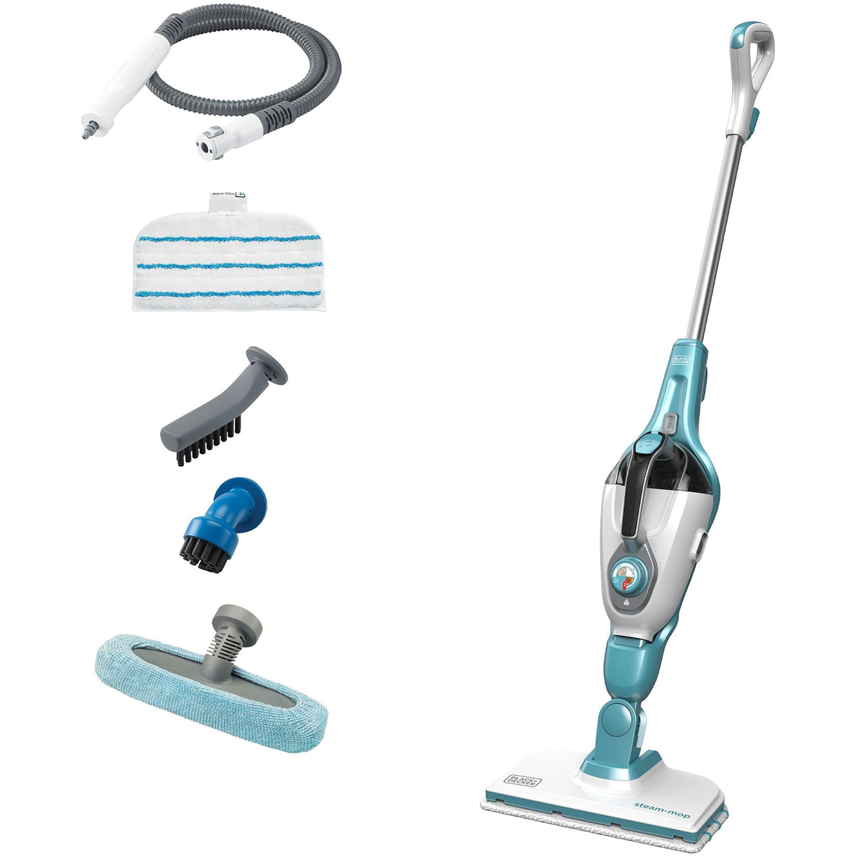 Black+decker fsmh1321 1600w dampmoppe med 6 tilbehør damprenser (hvid blå-grå)
