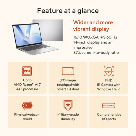 Asus vivobook 14 m1407ga-ly012w 14 copilot+ laptop (zilver | ryzen ai 7 445 | radeon 840m | 16 gb | 512 gd ssd)