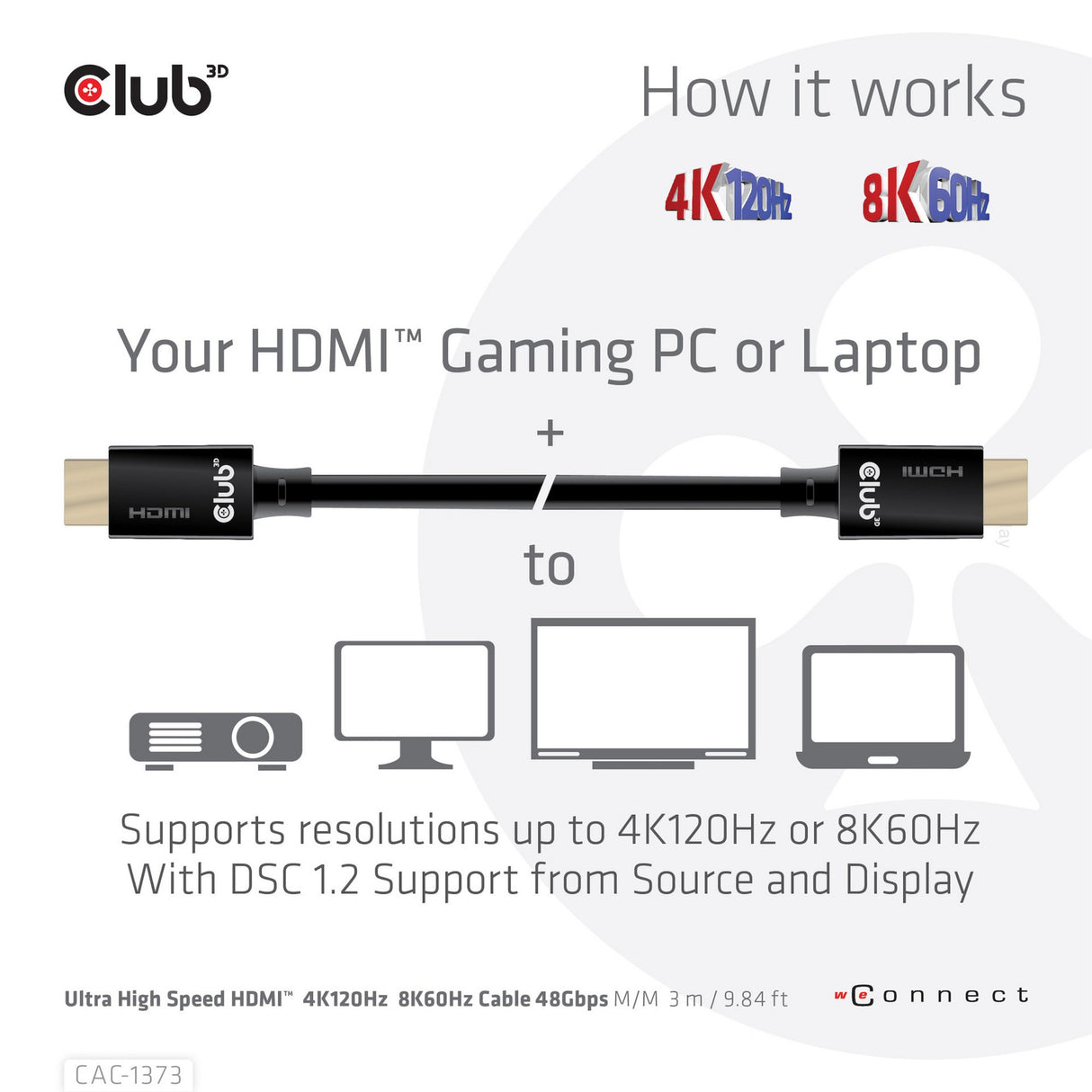 Club 3D ultra højhastigheds HDMI 2.1 certificeret kabel han-han (sort, 3 meter, 4K 120Hz, 8K 60Hz, 48Gbps)