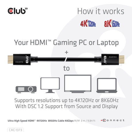 Club 3D ultra højhastigheds HDMI 2.1 certificeret kabel han-han (sort, 3 meter, 4K 120Hz, 8K 60Hz, 48Gbps)