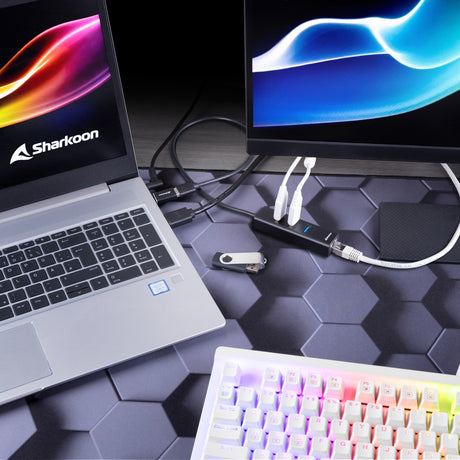 Sharkoon 3-ports USB 3.2 gen 1 aluminium + gigabit LAN dockingstation (sort)