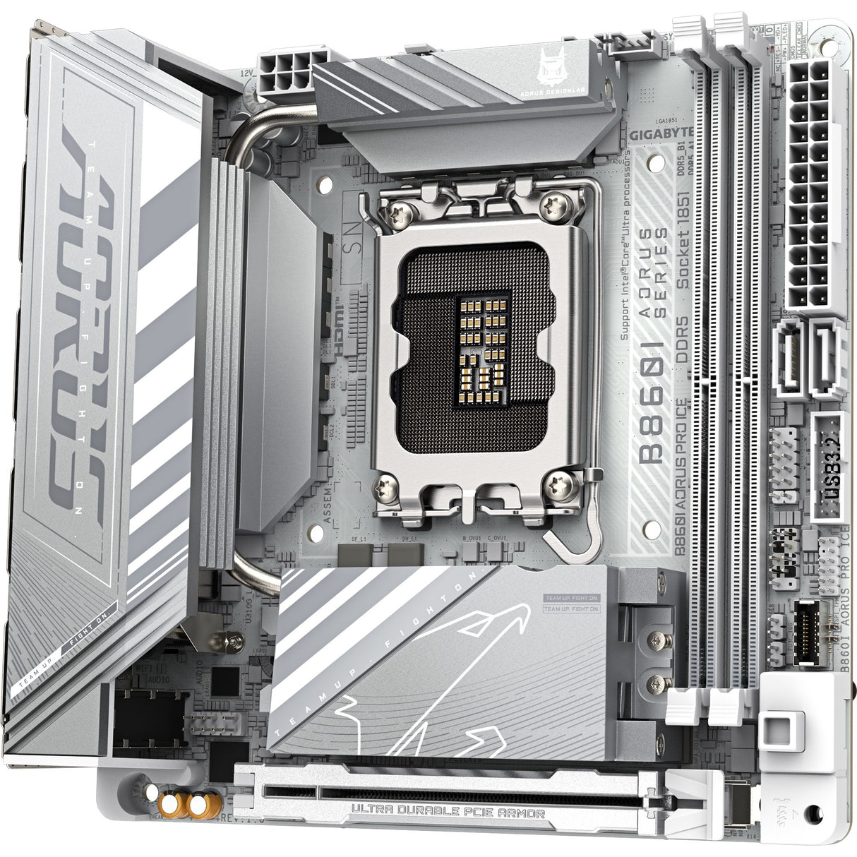 Gigabyte B860i Aorus Pro Ice Socket 1851 bundkort (sølv, RAID, 2,5 GB-LAN, Wi-Fi 7, BT, lyd, Mini-ITX)