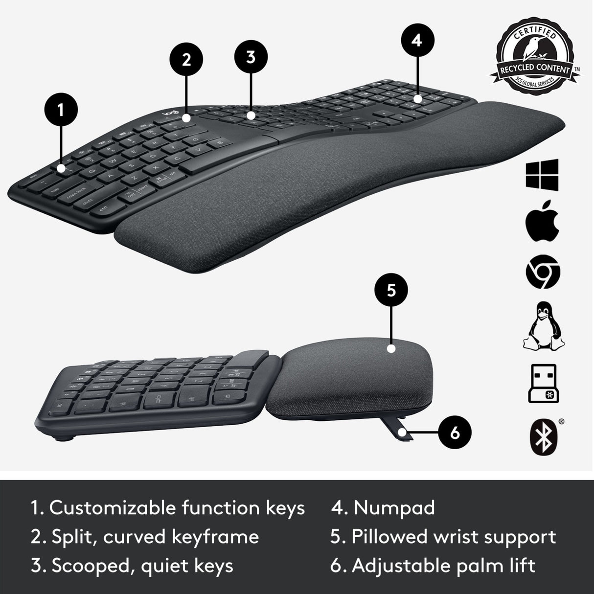 Logitech k860 ergo tastatur (sort, 100%, bluetooth, us international iso)