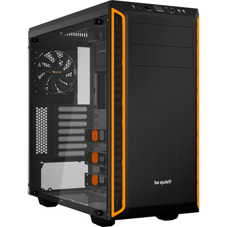 Vær stille! pure base 600 vindue midi tårnhus (sort orange | 2x USB-A | hærdet glas)