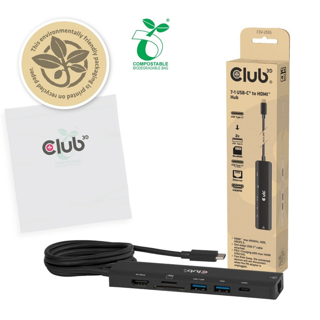 Club 3d csv-2555 7-1 usb-c naar hdmi hub (zwart, 4k60hz, pd3.1 140w, usb-a, usb-c, lan, microsd)