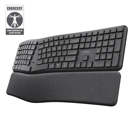 Trust Keyra ergonomisk trådløst tastatur (sort, amerikansk layout (QWERTY), 100 %, 2,4 GHz USB | Bluetooth)