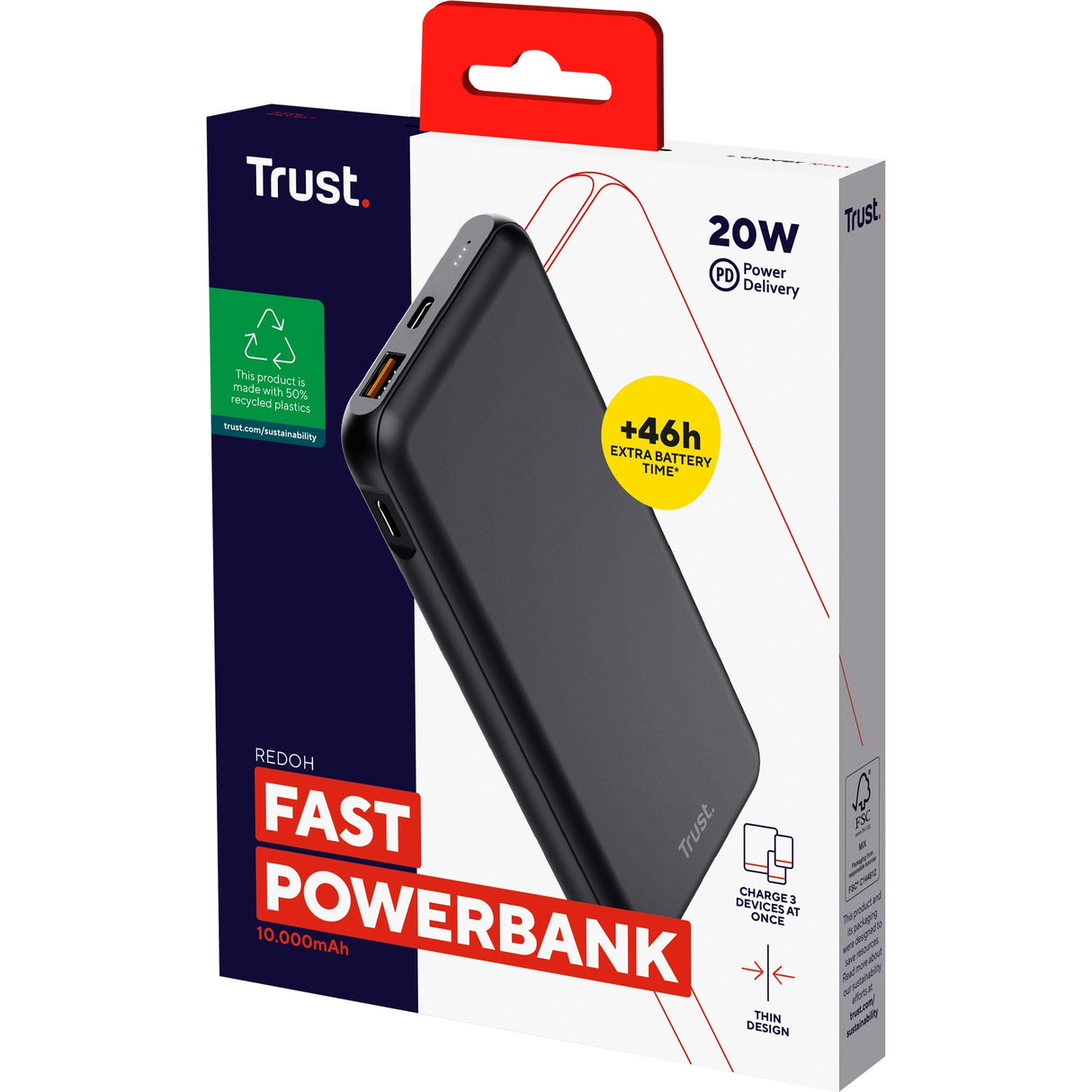 Trust redoh fast 10.000 mah powerbank (sort)