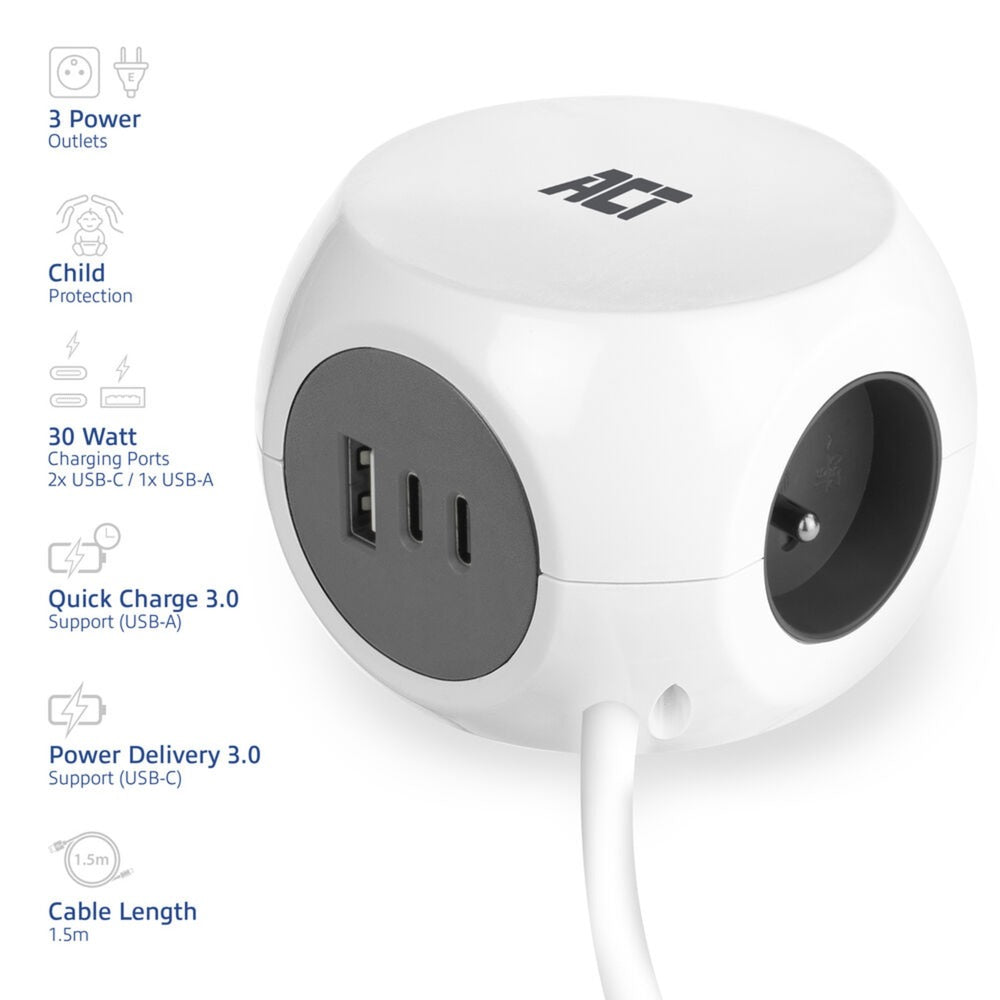 Act connectivity act strømskinne terning med 3 sokler, 30w strømforsyning USB-C a porte, kabellængde 1,5m ac2425