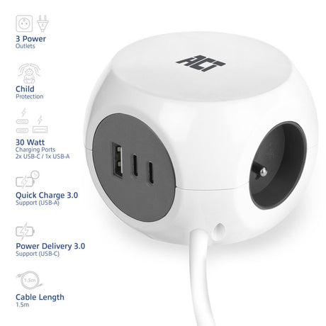 Act connectivity act strømskinne terning med 3 sokler, 30w strømforsyning USB-C a porte, kabellængde 1,5m ac2425