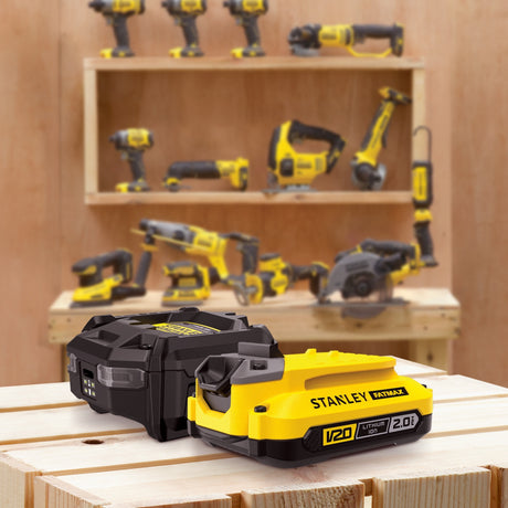 Stanley fatmax 18v startsæt 1x 2.0ah batteri + oplader v20 oplader (sort gul)