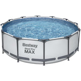 Bestway swimmingpool steel pro max sæt rundt 366x100 (lysegrå, inkl. filterpumpe (220-240v) + stige)
