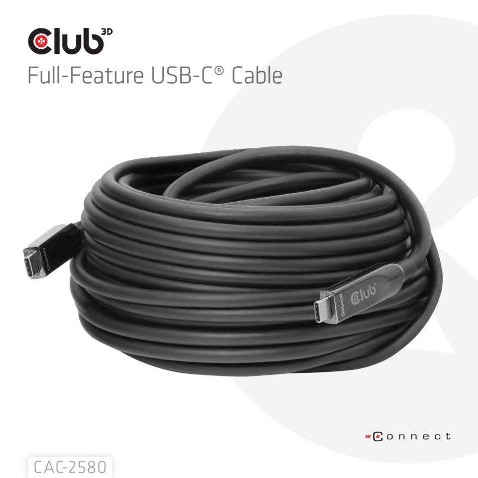 Club 3D fuldfunktions USB-C-kabel, 15m (sort, 8k60hz 10gbps 60w)